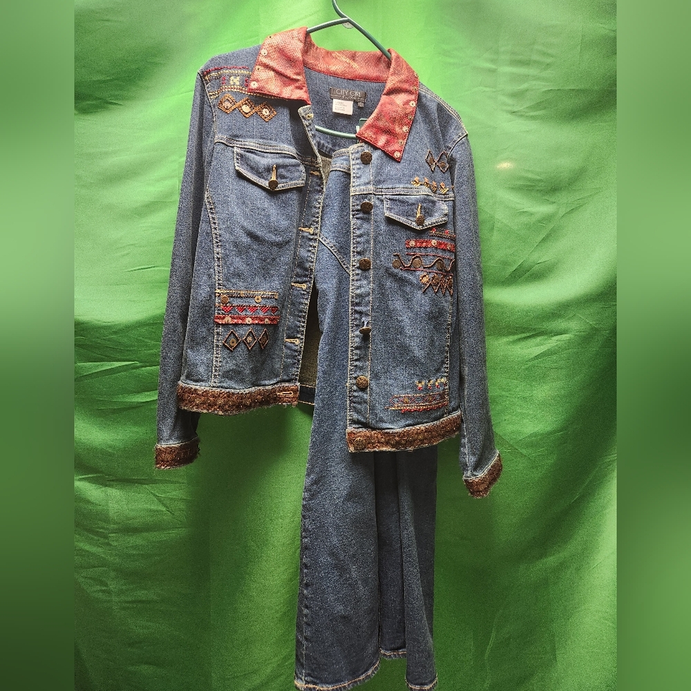 City girl 2 piece large jean jacket and long dress size large